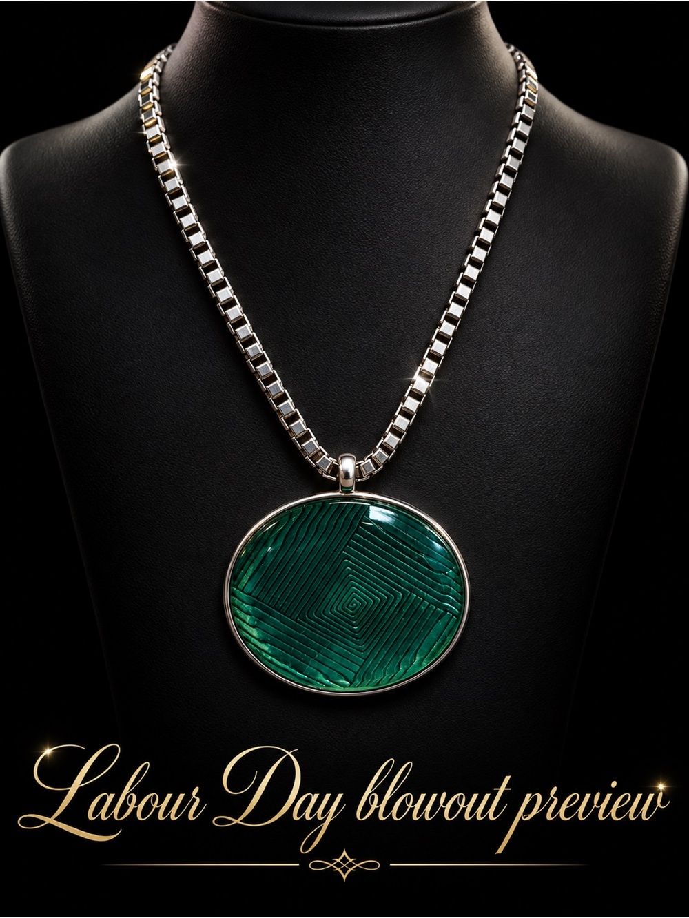 Silver-Tone Necklace with Emerald Green Oval Pendant